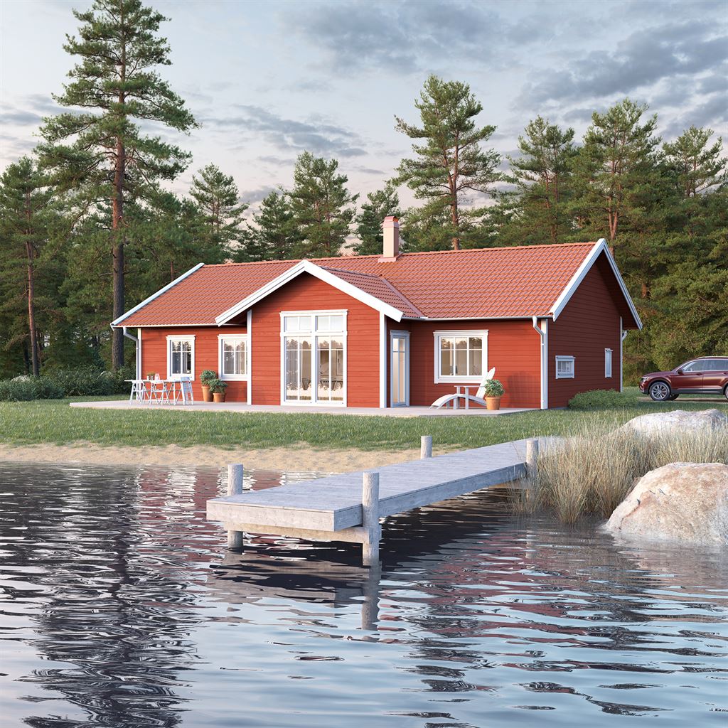 Rött Villa Aspudden exteriör i klassisk stil vid sjö
